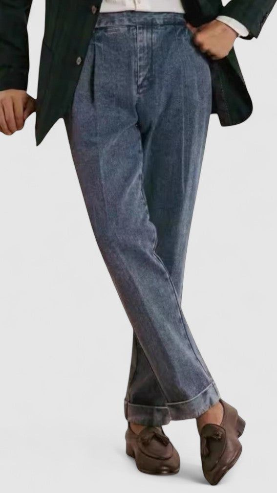 Men's Double-Pleated Denim Casual Trousers