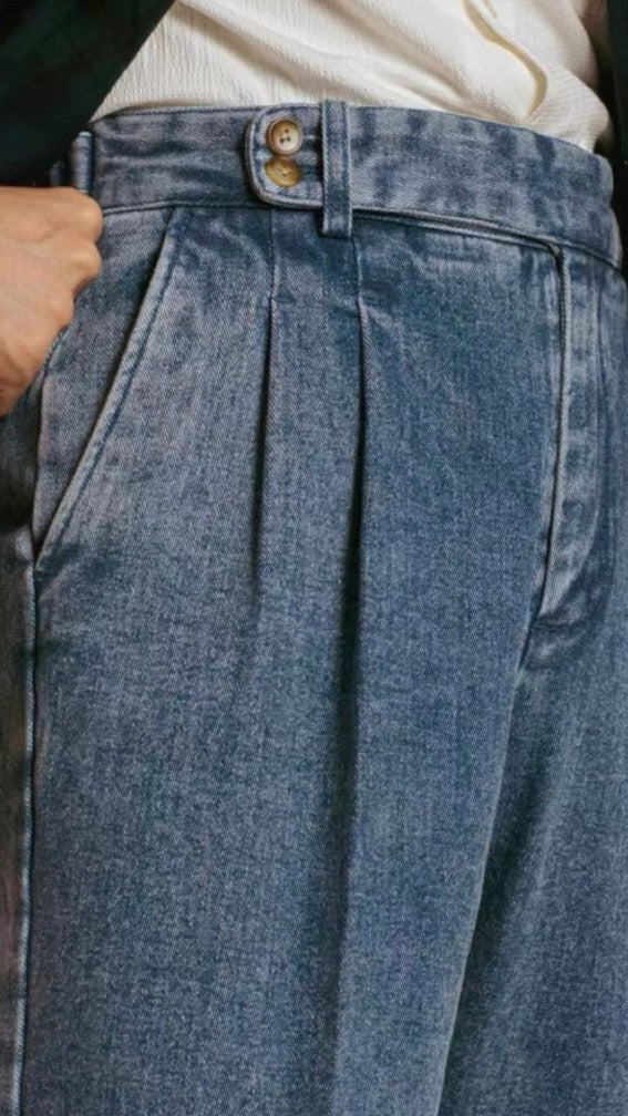 Men's Double-Pleated Denim Casual Trousers