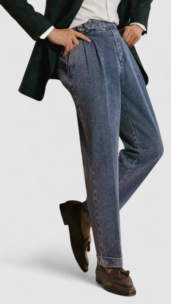 Men's Double-Pleated Denim Casual Trousers