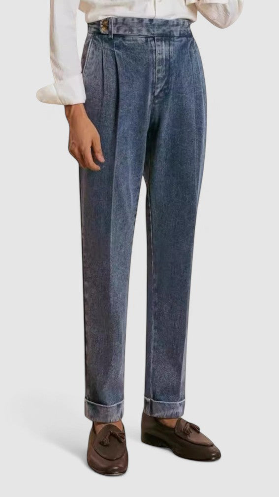 Men's Double-Pleated Denim Casual Trousers